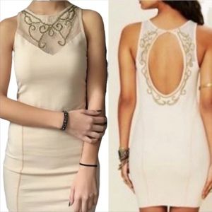 Free People. Beaded Dress. Mesh. Nude/ Tan with gold beading. Size medium.